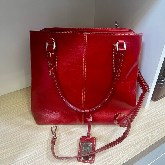 VALENTINA Italy Red Leather Stachel Handbag Double Handle Cross Body Strap. - Picture 3 of 8